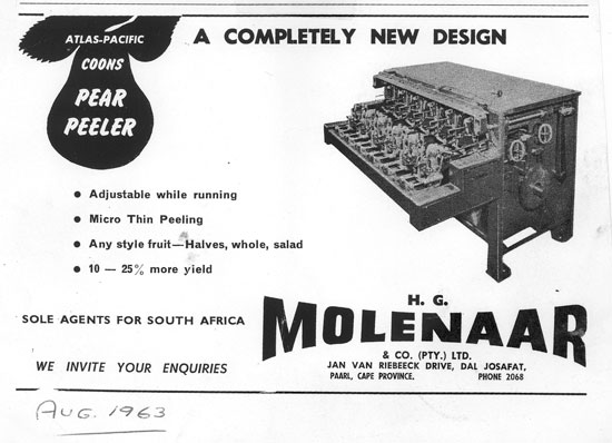 1963 advertisement for Atlas Pear Peeling Equipment by H.G. Molenaar